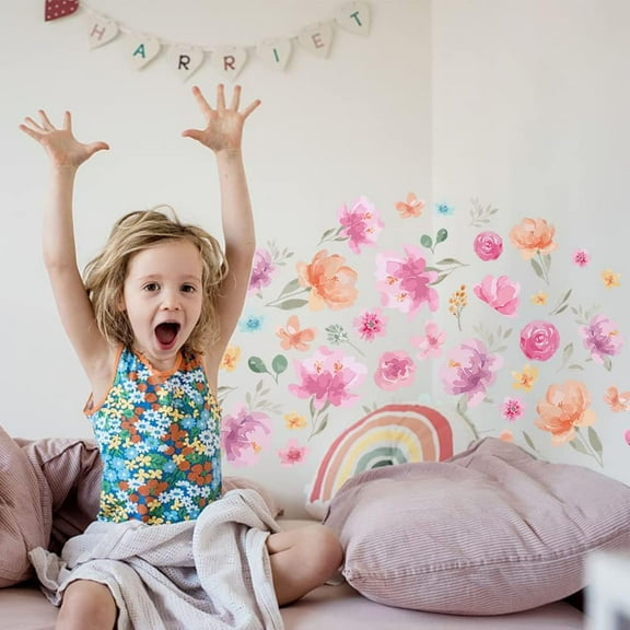 Pink Flowers Wall Decor Peonies Removable Wall Stickers Garden Wildflowers Roses Wall Sticker Wall Art Sticker DIY Art PVC Wall Decal Mixed Color