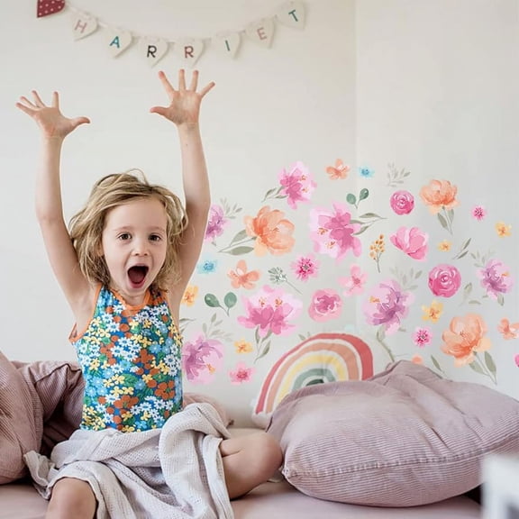 Pink Flowers Wall Decor Peonies Removable Wall Stickers Garden Wildflowers Roses Wall Sticker Wall Art Sticker DIY Art PVC Wall Decal