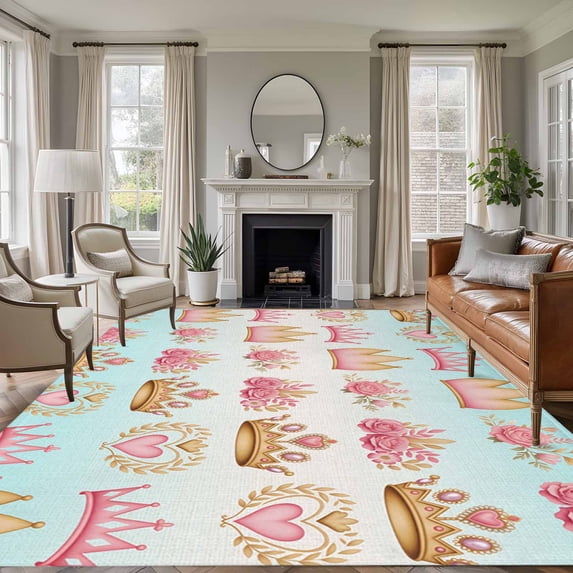 Pink Flowers Washable Living Room Rugs 5'x7', Love Princess Crown Rose Abstract Gradient Blue Low Pile Throw Large Area Rugs Non-Slip Sturdy Edge Binding Carpet for Dining Room Bedside Kitchen