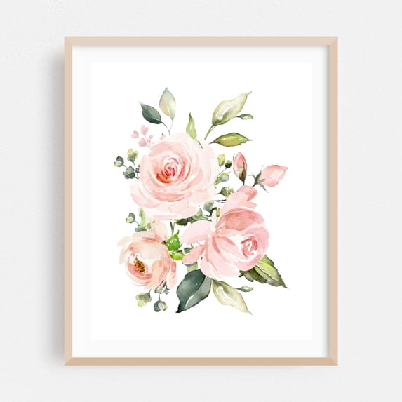 Pink Flowers, Watercolor Flowers, Pink Roses, Greenery, Girl Nursery - Illustration Watercolor Floral Flowers Botanical Garden Pastel Oak Framed Wall Art Print 16 x 20 inches