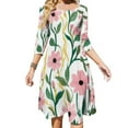 thumbnail image 1 of Pink Flowers White Background Floral Design Flare Dress Square Neck Dress Elegant Female Fashion Printed Dress, 1 of 9