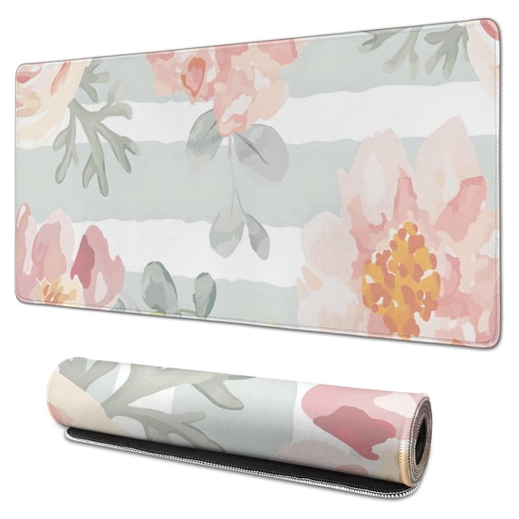 Pink Flowers with a White-green Background Mousepad Gaming Pad Mouse Waterproof Washable for Office Home Work Gaming Desktop Tables Mousepad Rubber Base Mousepad with Stitched Edges 35.4x15.7inches