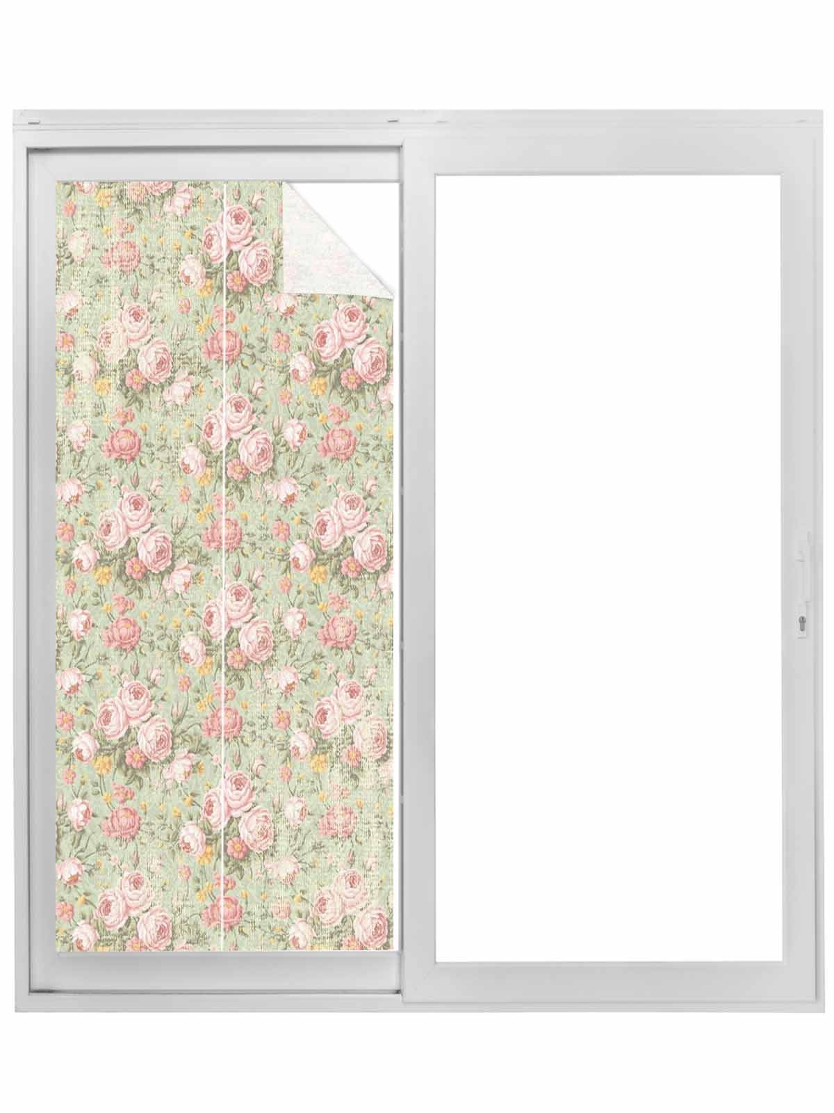 Pink Flowers Window Privacy Film, Green Country Botanical Floral Leaves Static Cling UV Sun Blocking Tint Film Heat Control Windows Films for Bedroom Bathroom, Window Stickers 23.6"x59"
