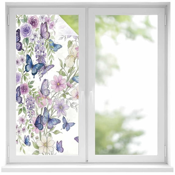 Pink Flowers Window Privacy Film, Spring Floral Purple Butterflies Watercolor Static Cling UV Sun Blocking Heat Control Window Tint Day and Night, Non-Adhesive One Way Privacy Cover 17.7''x39.3''