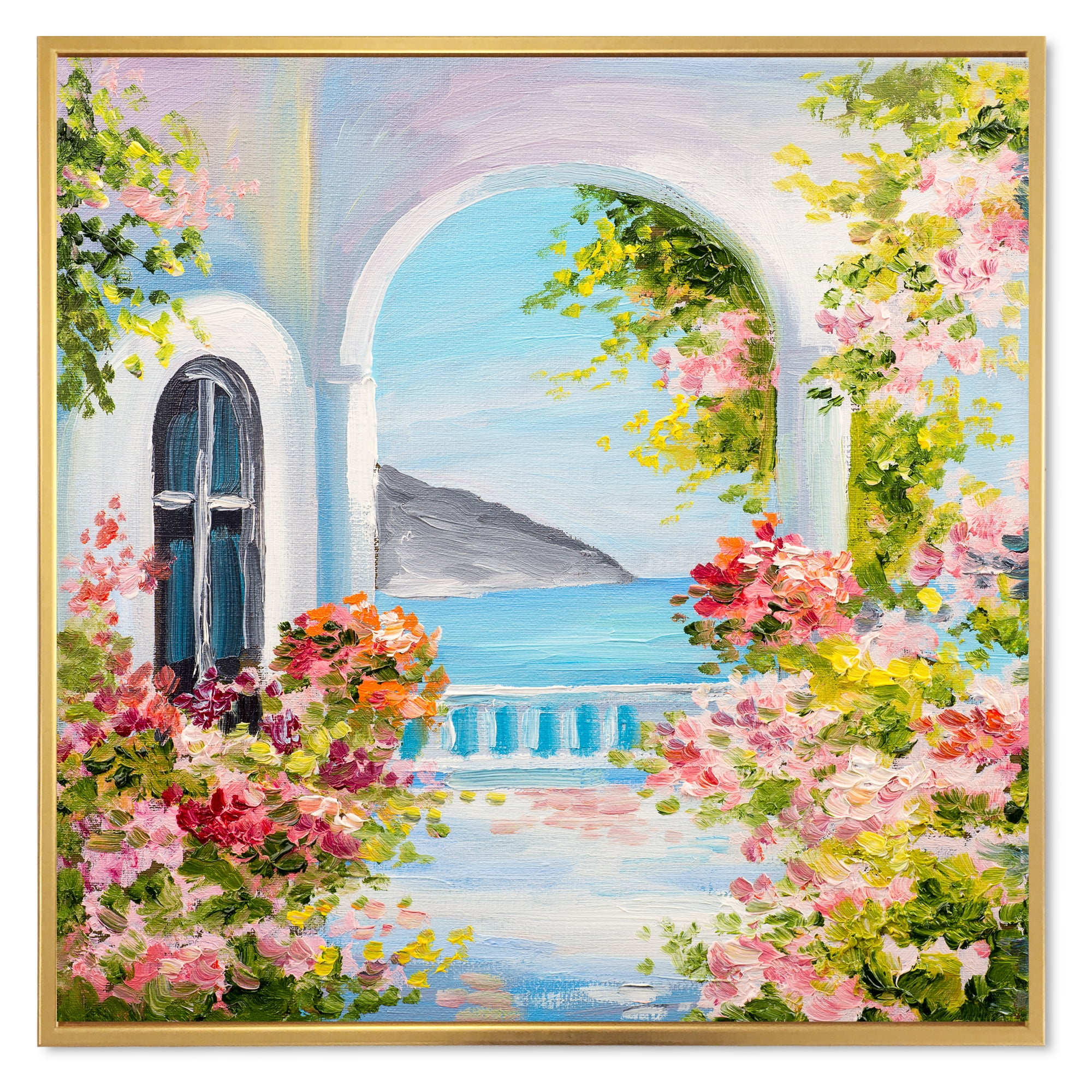 Pink Flowers With Traditional Greek House 30 in x 30 in Framed Painting Canvas Art Print, by Designart