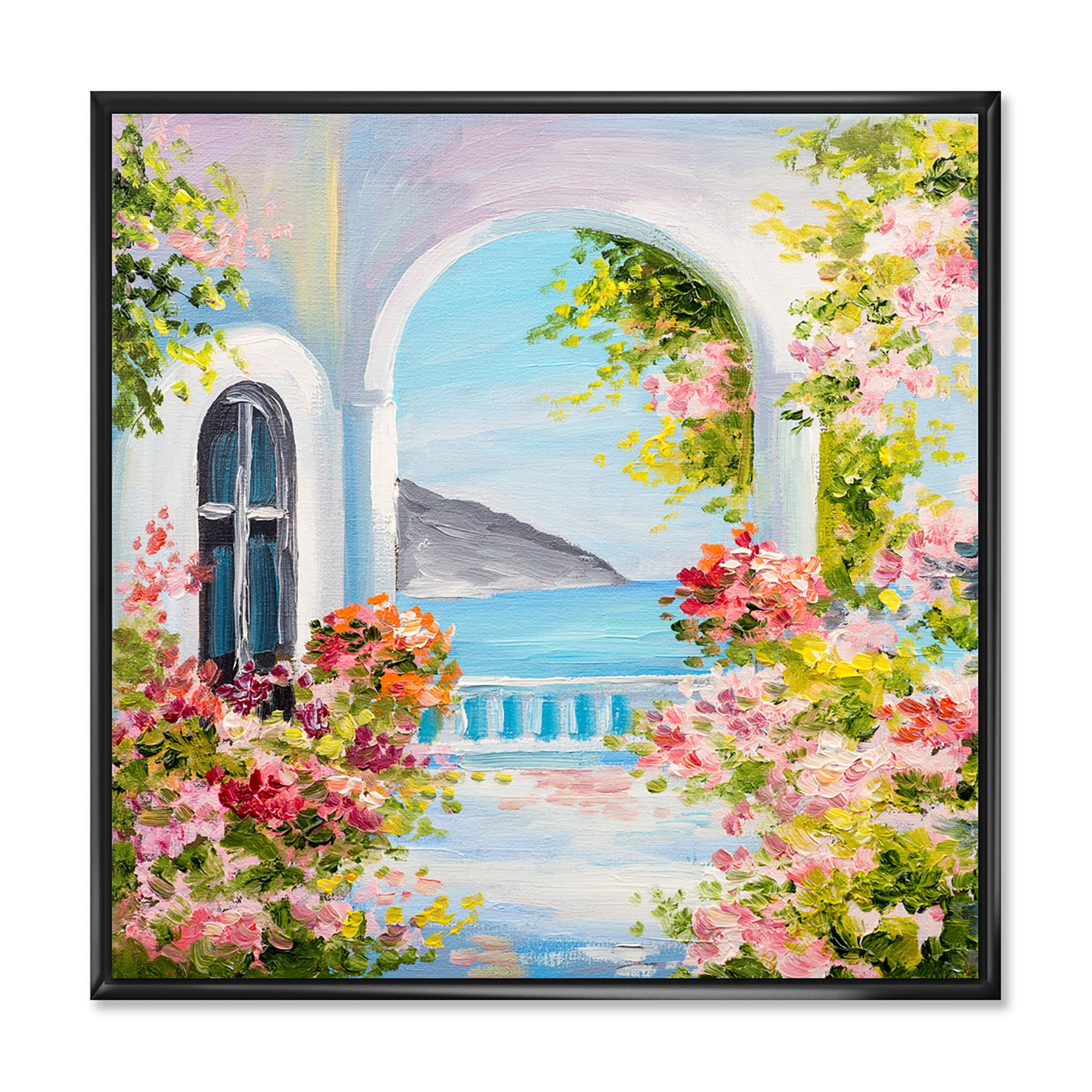 Pink Flowers With Traditional Greek House 36 in x 36 in Framed Painting Canvas Art Print, by Designart