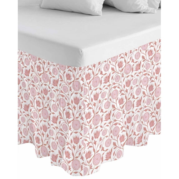 Pink Flowers Wrap Around Bed Skirts for King Bed 18" Drop,Bed Skirt with Adjustable Elastic Belt Dust Ruffle Bed Valance for Bedroom Hotel Rustic Vintage Botanical Plants Floral Bed Frame Cover