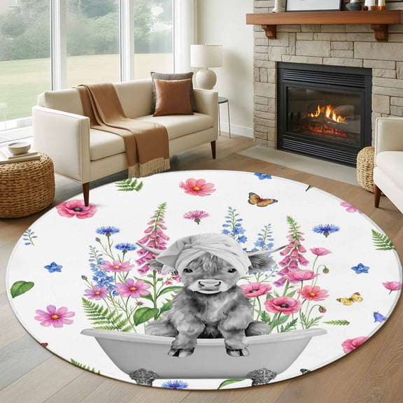 Pink Flowers Yak 6ft Round Rugs, Vintage Spring Floral Bathtub Watercolor Washable Non-Slip Area Rugs for Living Room Bedroom Kitchen, Low Pile Dining Room Kicthen Circle Carpet, Indoor Floor Rug