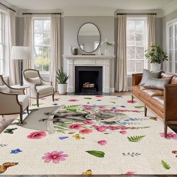 Pink Flowers Yak Area Rugs 8'x10', Washable Small Throw Rugs for Living Room Patio, Spring Floral Butterflies Rustic Indoor Outdoor Rug Non-Slip Low Pile Carpet Runner Reversible Floor Mats