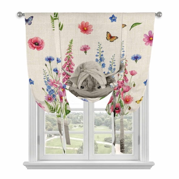 Pink Flowers Yak Balloon Curtains for Living Room/French Door, Spring Floral Butterflies Rustic Tie Up Curtains 63 Inch Length Energy Saving Kitchen Curtains Shades for Windows 42"x63"