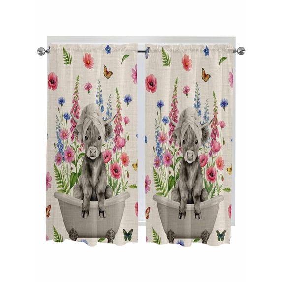 Pink Flowers Yak Bathroom Window Curtain, Spring Floral Butterflies Rustic Light Filtering Coffee Kitchen Curtains, Bedroom Living Room Curtains 2 Panel 84"x63"