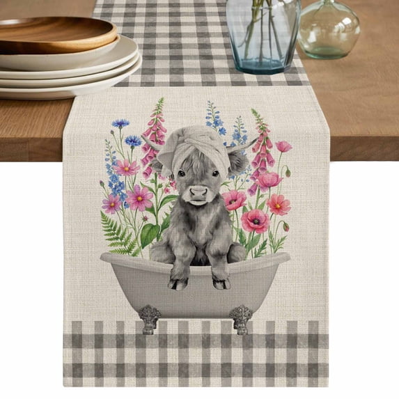 Pink Flowers Yak Cotton Linen Table Runner for Dining Kitchen, Vintage Spring Floral Bathtub Retro Art Rustic Wedding Outdoor Party Tablerunners, Dresser Scarf Coffee Tablecloth Runners 13x60 Inches