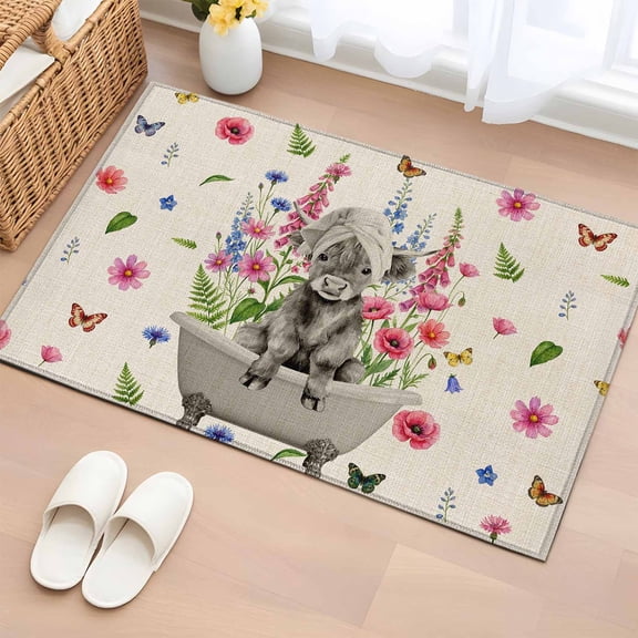 Pink Flowers Yak Entryway Rug 2'x3'&nbsp; Non Slip Front Door Mats, Spring Floral Butterflies Rustic Entrance Rugs Indoor Outdoor Carpet, Washable Floor Mats Small Area Rug for Bedroom Kitchen