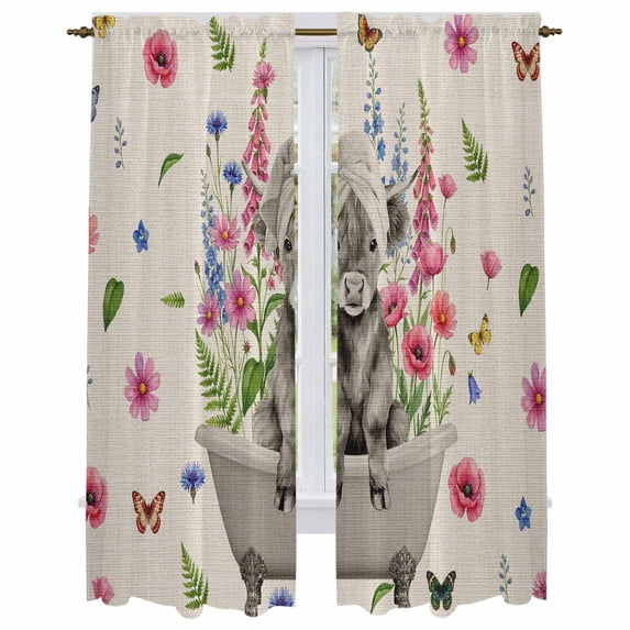 Pink Flowers Yak Kitchen Curtain for Berdoom Living Room Cafe 72 Inch Length, Spring Floral Butterflies Rustic Tiers Curtains Light Filtering Drapes Rod Pocket Window Treatment 2 Panels 52"Wx72"L