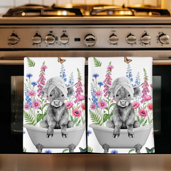 Pink Flowers Yak Kitchen Towels Set of 4, Vintage Spring Floral Bathtub Watercolor Absorbent Dish Towels for Kitchen, Microfiber Hand Towel, Quick Drying Tea Towel for Cleaning Decorative Dishcloths