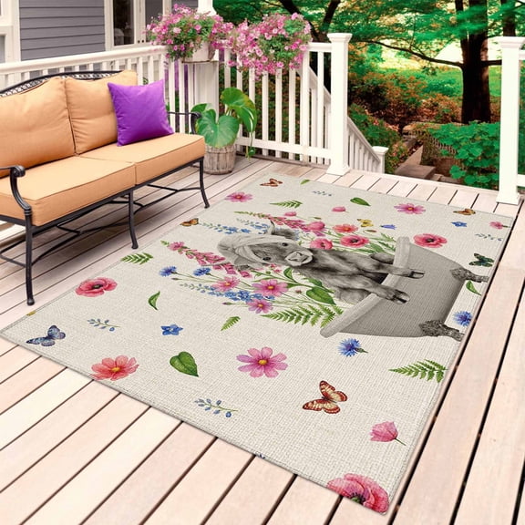 Pink Flowers Yak Outdoor Rug 5x7 Ft, Non Slip Washable Area Rug, Spring Floral Butterflies Rustic Patio Rugs Carpet Runner, Large Floor Mat for Indoor/Outdoor Deck Porch Camping