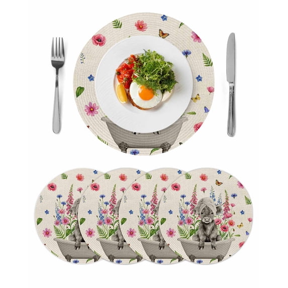 Pink Flowers Yak Round 13 Inch Placemats Set of 4, Spring Floral Butterflies Rustic HeatResistant Non Slip Place Mats for Dining Table, Wipeable Braided Kitchen Table Mats for Housewarming