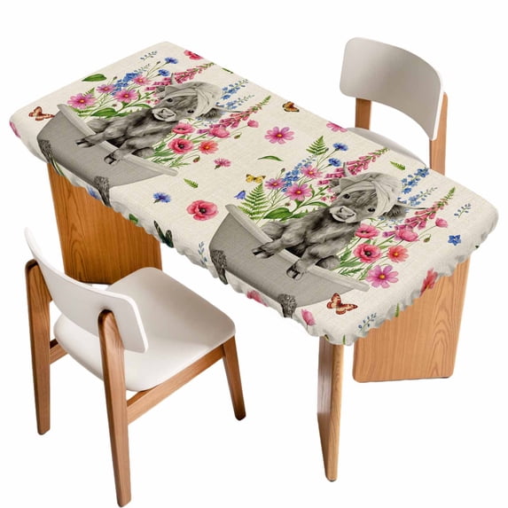 Pink Flowers Yak Table Cloths for 5 Foot Rectangle Tables, Spring Floral Butterflies Rustic Patio Waterproof Elastic Fitted Tablecloths, Washable Rectangular Table Cover for Camping
