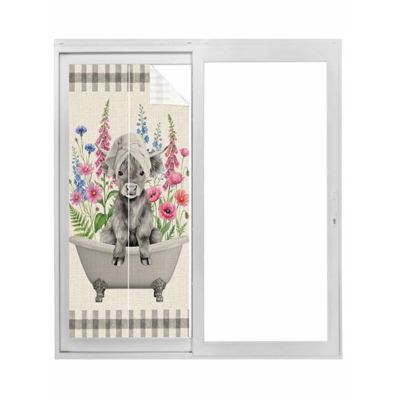 Pink Flowers Yak Window Privacy Film, Vintage Spring Floral Bathtub Retro Art Rustic Static Cling UV Sun Blocking Tint Film Heat Control Windows Films for Bedroom, Window Stickers 17.7"x39.3"