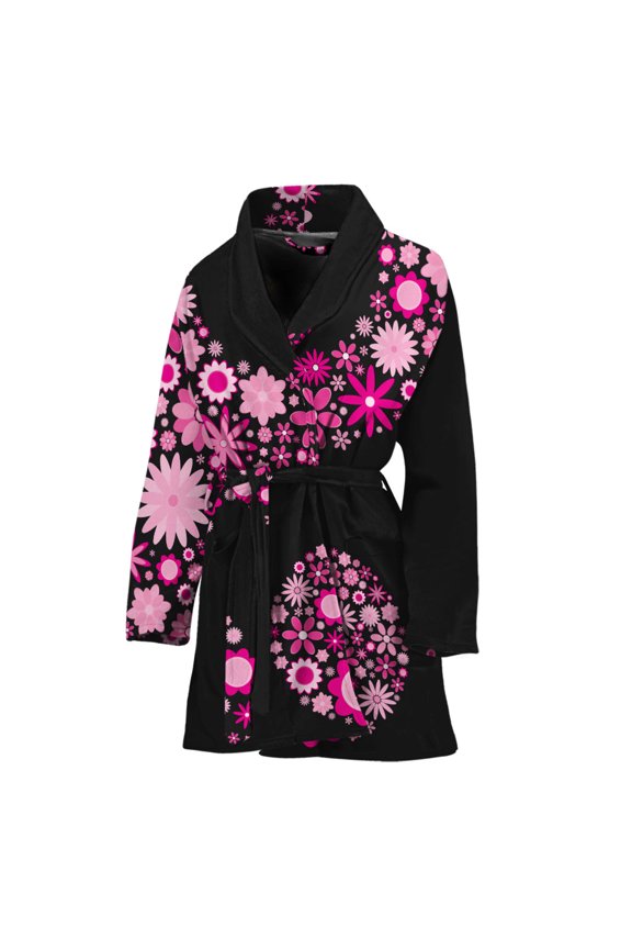 Pink Flowers Yin Yang Women Bathrobe One Size Univeral Fits, Yinyang Fashion Lightweight Plush Fleece Long Robe For Women