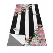 Pink Flowers Yoga Towel for Hot Yoga Non Slip,Spring Floral Butterflies Black White Striped Farmhouse Yoga Mat Towel Absorbent Yoga Sweat Towels Microfiber Hot Yoga Blanket for Bikram Pilates 26"x70"