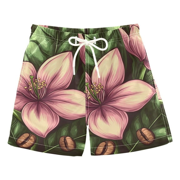 Pink Flowers and Leaves Boys Swim Trunks Quick Dry Boy Swim Shorts for 3-14 Years