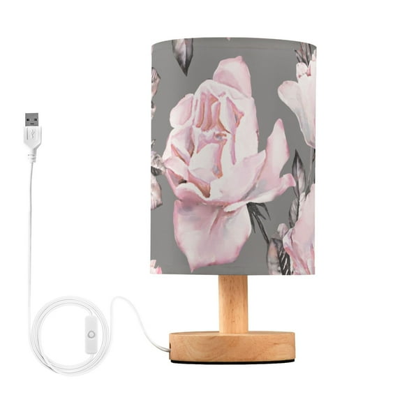 Pink Flowers and Leaves on Gray Bedside Table Lamp LED Warm Lights with USB Charging Port Retro Cylinder Desk Lamps
