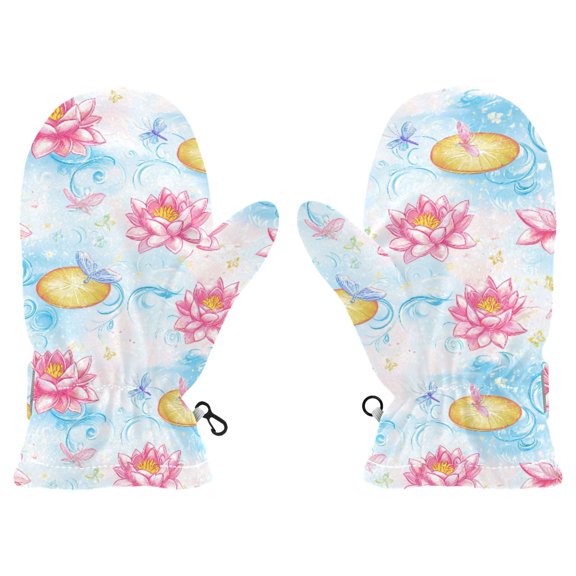 Pink Flowers and Pond Cold Weather Mittens Cozy Gloves with Adjustable Fit Perfect for Outdoor Fun