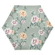 Pink Flowers with Green Leaves UPF 50+ Compact Folding Umbrella for Rain Windproof Travel Umbrella Lightweight Packable