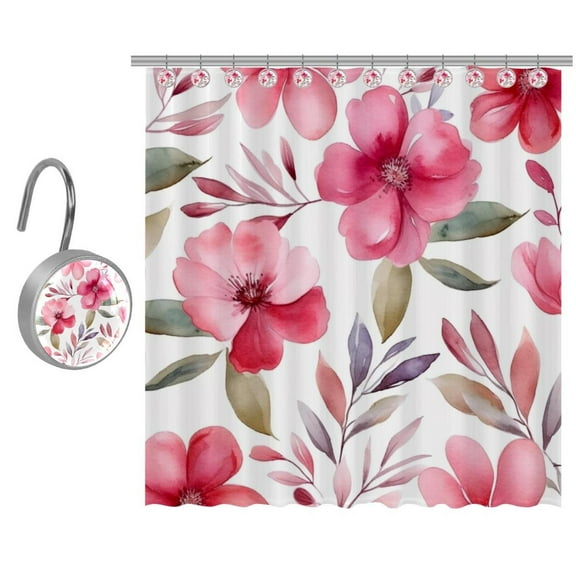 Pink Flowers with Leaves Shower Curtain Set for Bathroom