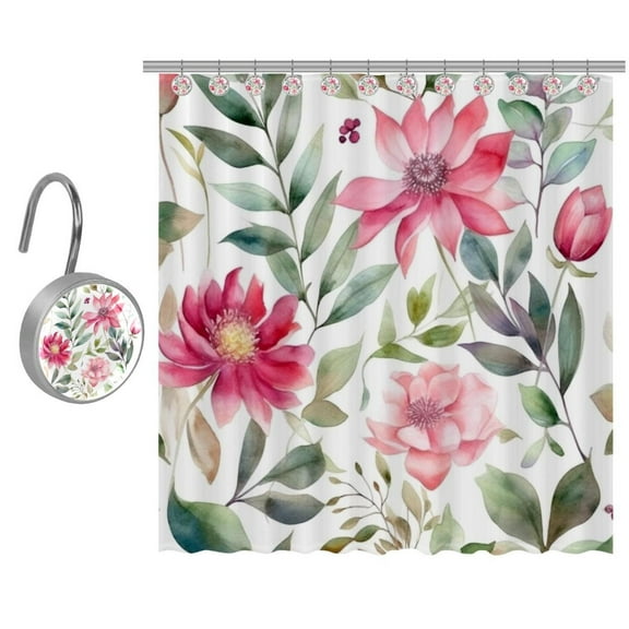 Pink Flowers with Leaves Shower Curtain for Bathroom