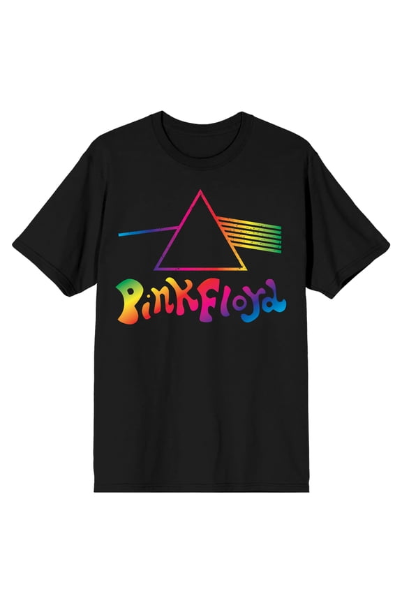 Pink Floyd Dark Side Artwork With Rainbow Letters Crew Neck Short Sleeve Men's Black T-shirt-Medium