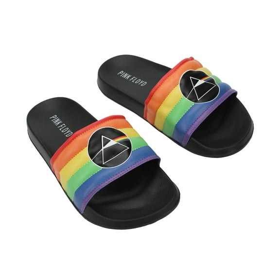 Pink Floyd Dark Side Of The Moon Triangle Artwork On Rainbow Straps Women's Black Slide Sandals-XS