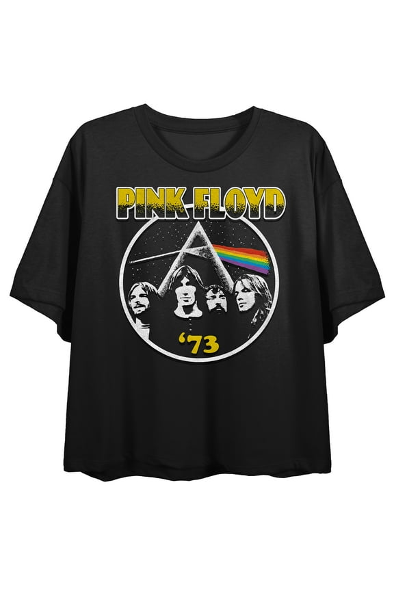 Pink Floyd Group Shot Crew Neck Short Sleeve Women's Black Crop T-shirt-Medium