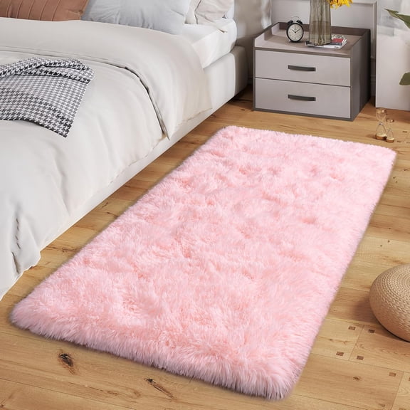 Pink Fluffy Area Rug 2x3 Ft, Soft Fur-Textured Shaggy Bedroom Rug, Plush Machine Washable Bedside Floor Mat for Bedroom, Dorm, Vanity and Reading Nook, 1 Piece