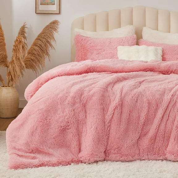 Pink Fluffy Comforter Set King Size, Fuzzy Faux Fur Comforter Bedding Set, Ultra Soft and Warm Winter Shaggy Bed Set (1 Comforter & 2 Pillowcases) as Gifts for Women