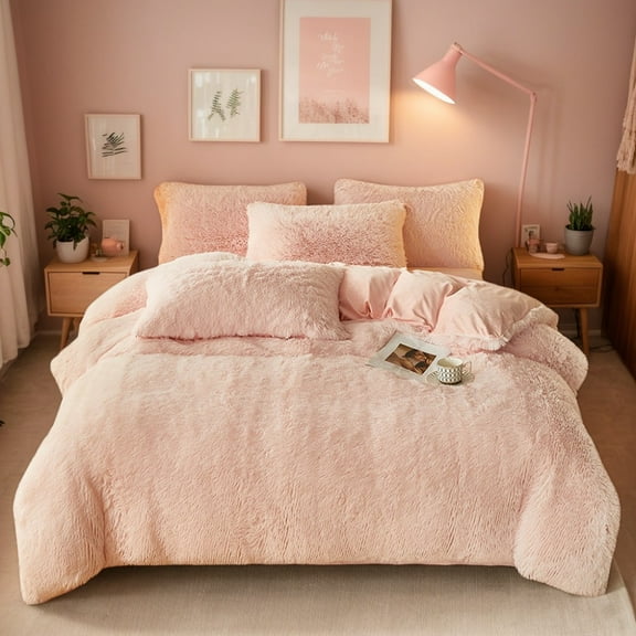 Pink Fluffy Faux Fur Duvet Cover Three-piece set , Luxury Ultra Soft  Shaggy Plush Bedding Set, Fuzzy Comforter Cover with 2 Furry Pillow Cases, Zipper Closure,Cozy and warm,QUEEN/KING Sizes
