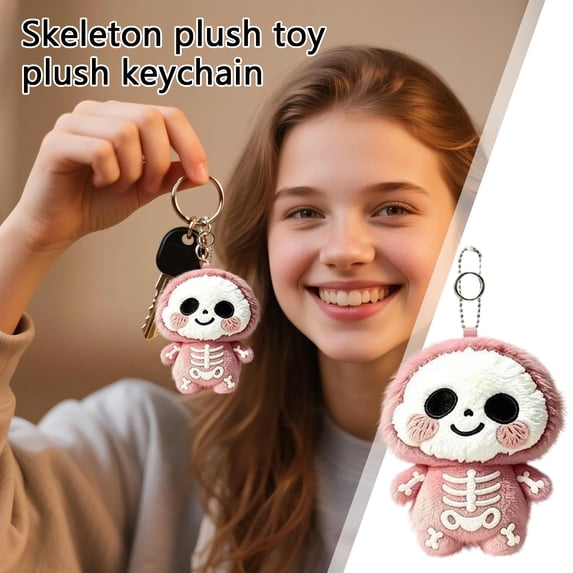 Pink Fluffy Skeleton Baby Stuffed Doll Keyring, Embroidery Bone Pattern Backpack Pendant, Kawaii Halloween Accessory for Daily Bag Decor