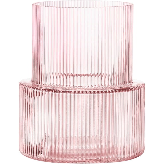 Pink Fluted Ribbed Glass Vase - 7.5 Inch Tall Vase for Fresh Flowers, Centerpiece Decor for Wedding, Living Room, Dining Table, Office