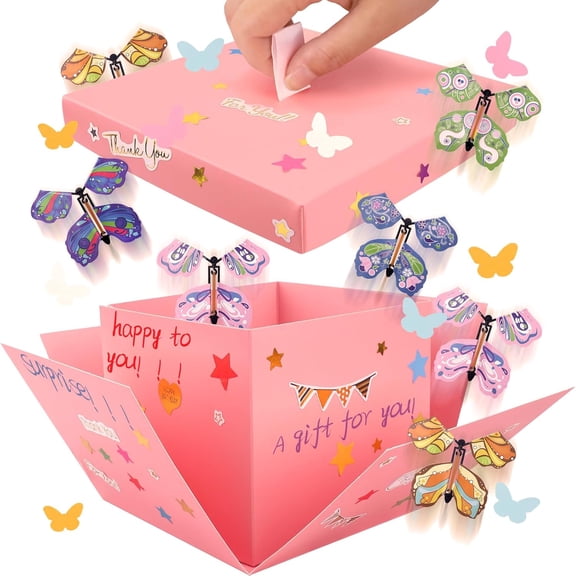 Pink Flying Butterfly Explosion Gift Box - Valentines Day Gift Box with 5 Butterfly Sequins DIY Flying Butterfly Surprise Valentines Day Birthdays Wedding Gift Box Explosion for Gifts Wrapping