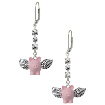 Pink Flying Pig with Wings Crystal Madison Leverback Earrings