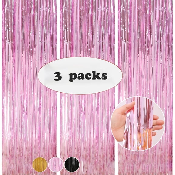 Pink Foil Fringe Curtains Tinsel Backdrop, Pack of 3 Metallic Tinsel Curtains Party Decorations for Baby Shower,Babbie, Mermaid Themed Birthday Party Backdrop