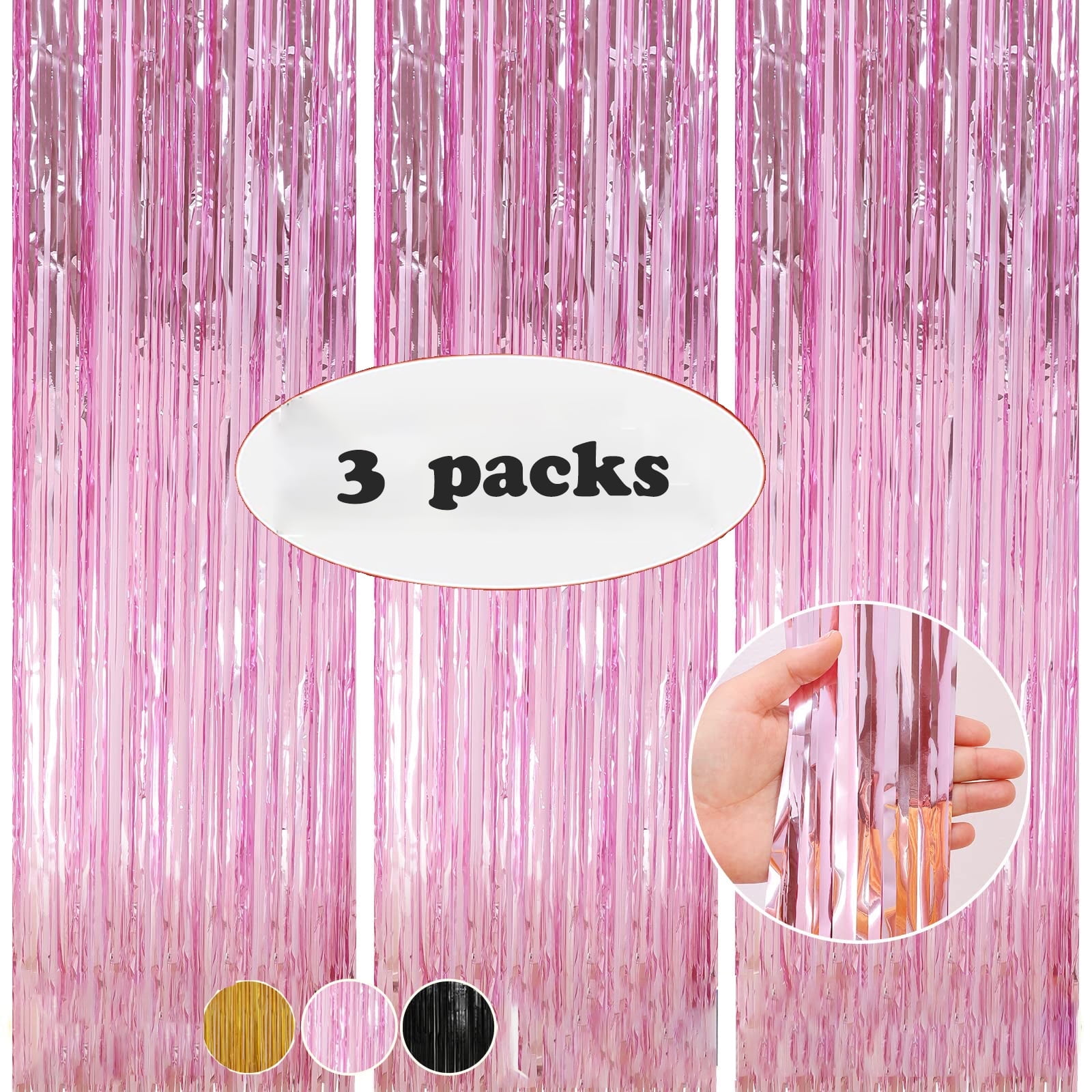 Pink Foil Fringe Curtains Tinsel Backdrop, 3.2 x 9.8 ft Metallic Tinsel Curtains Party Decorations for Baby Shower,Babbie, Mermaid Themed Birthday Party Backdrop - Pack of 3