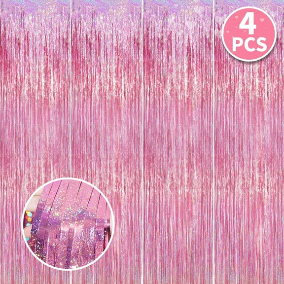 Pink Foil Fringe Curtains Valentine Party Decoration Metallic Tinsel Banner Streamers Party Photo Backdrop for Wedding Gender Reveals Anniversary Party Supplies 4Pcs
