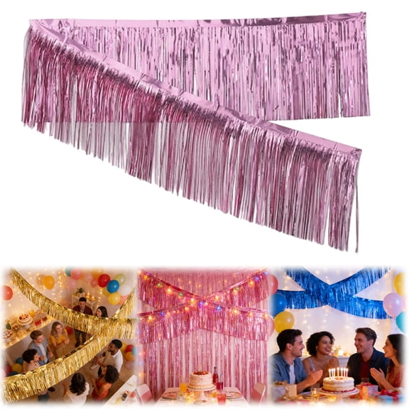 Pink Foil Fringe Garland - 10Ft Sparkly Metallic Tinsel Streamers Wall Hanging Fringe Banner for Car Floats Halloween Wedding Birthday Party Easter Decorations
