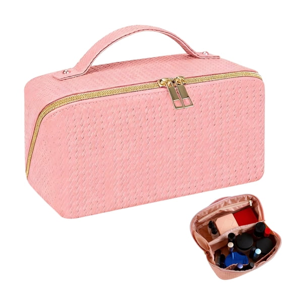 Pink Makeup Bag, Large Capacity Travel Cosmetic Bag, 180° Wide Opening Toiletry Bag for Travel, PU Leather Cosmetic Makeup Bag with Handle, Portable Toiletry Bag for Skincare & Travel Essentials