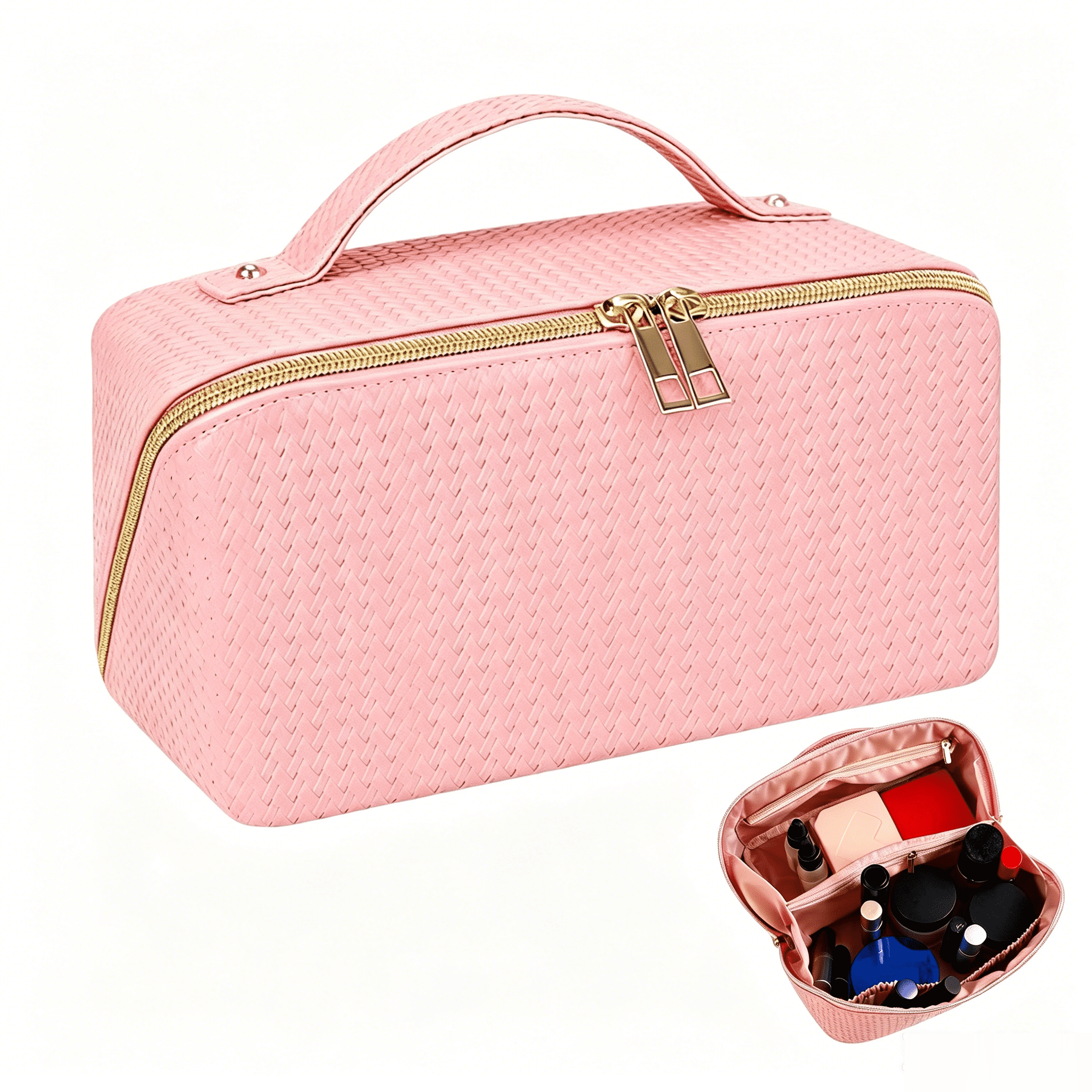 Pink Makeup Bag, Large Capacity Travel Cosmetic Bag, 180° Wide Opening Toiletry Bag for Travel, PU Leather Cosmetic Makeup Bag with Handle, Portable Toiletry Bag for Skincare & Travel Essentials