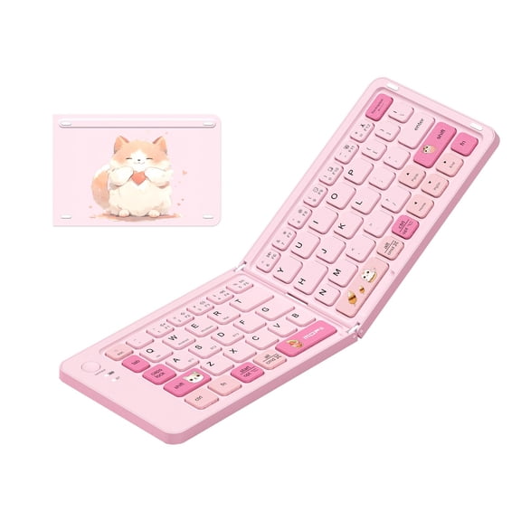 Pink Foldable Mini  Portable Compact Wireless Rechargeable With 67 Slim Quiet Keys Cute Pocket-sized Travel For Ipad Android Tablet Windows-cat Theme