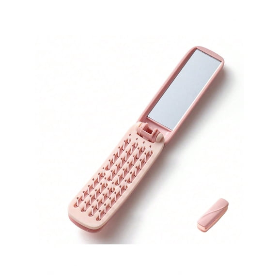 Pink Foldable Travel Mirror Comb - Compact 2-in-1 Pocket Comb with Self-Cleaning Design, Portable Hair Brush for Women