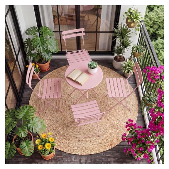 Pink Folding Bistro Table and Chairs Set of 4, 5 Piece Patio Furniture with Portable Metal Frame, Lightweight Outdoor Indoor Dining Set for Balcony, Garden, or Small Space with Finish